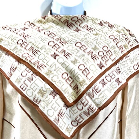 Unused Celine Paris Mini Scarf/Handkerchief Cotton 19" Beige Brown Logo (63 - Picture 5 of 6